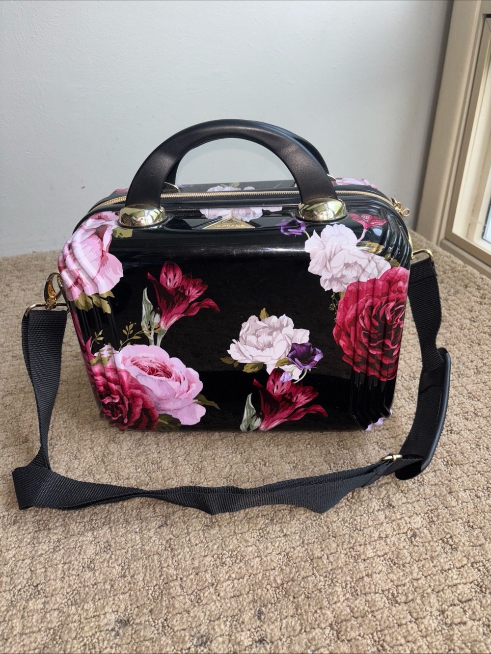 Triforce Cosmetic Travel Bag Black Floral Hard Case Beauty Vanity Pink Flowers